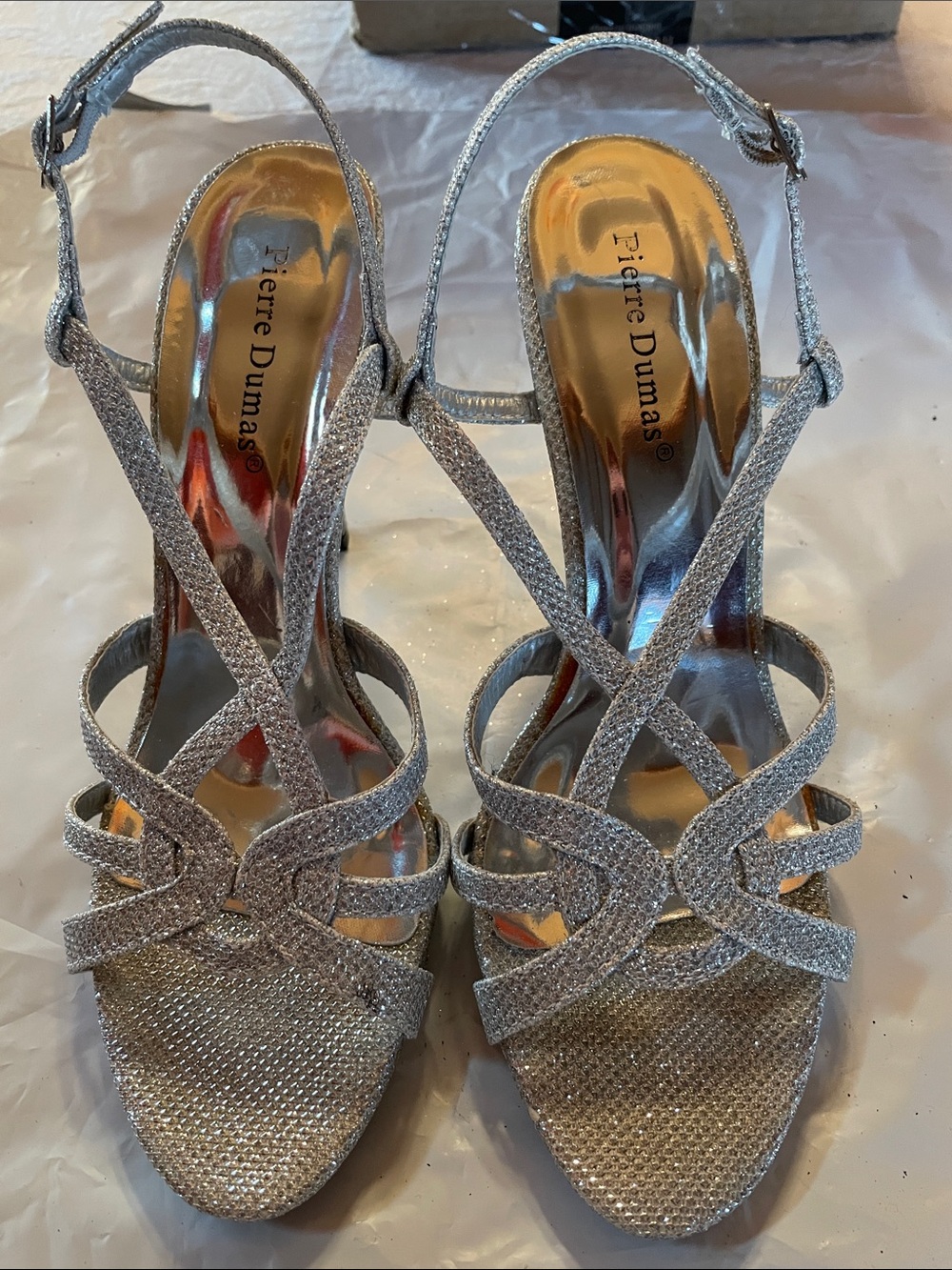 Pierre Dumas Silver Glitter Strappy Sandals Sz 7 1/2